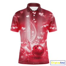 Load image into Gallery viewer, Custom Red Valentine Bowling Couple Shirts, Red Heart Theme Bowling Jerseys With His Name And Her Name IPHW10475