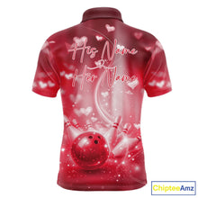 Load image into Gallery viewer, Custom Red Valentine Bowling Couple Shirts, Red Heart Theme Bowling Jerseys With His Name And Her Name IPHW10475