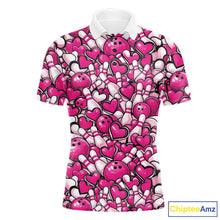 Load image into Gallery viewer, Custom Pink Heart Theme Valentine Bowling Couple Shirt, Love Bowling Jerseys With His Name And Her Name IPHW10476