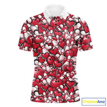 Load image into Gallery viewer, Custom Red Heart Theme Valentine Bowling Couple Shirt, Love Bowling Jerseys With His Name And Her Name IPHW10477