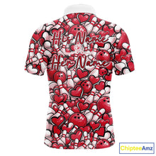 Load image into Gallery viewer, Custom Red Heart Theme Valentine Bowling Couple Shirt, Love Bowling Jerseys With His Name And Her Name IPHW10477