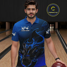 Load image into Gallery viewer, Custom Black And Blue Flame Bowling Team Men Polo Shirt, Bowling Tournament Shirt IPHW9871