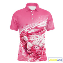 Load image into Gallery viewer, Custom Pink Heart Valentine Bowling Couples Shirt, Heart And Roses Bowling Husband And Wife Gifts With Name IPHW10518
