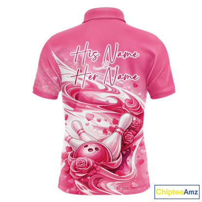 Custom Pink Heart Valentine Bowling Couples Shirt, Heart And Roses Bowling Husband And Wife Gifts With Name IPHW10518
