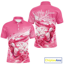 Load image into Gallery viewer, Custom Pink Heart Valentine Bowling Couples Shirt, Heart And Roses Bowling Husband And Wife Gifts With Name IPHW10518