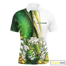 Load image into Gallery viewer, Custom Funny St Patricks Party Beer Bowling Team Shirts, Green Shamrock And Gold Coin Bowling Jerseys IPHW10522