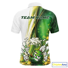 Load image into Gallery viewer, Custom Funny St Patricks Party Beer Bowling Team Shirts, Green Shamrock And Gold Coin Bowling Jerseys IPHW10522