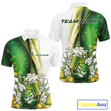 Load image into Gallery viewer, Custom Funny St Patricks Party Beer Bowling Team Shirts, Green Shamrock And Gold Coin Bowling Jerseys IPHW10522