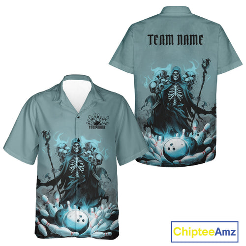 Custom Blue Flame Grim Reaper Bowling Men And Women Hawaiian Shirts, Piles Of Skull Halloween Outfit IPHW9897
