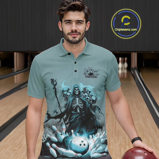 Custom Blue Flame Grim Reaper Bowling Men Polo Shirts, Piles Of Skull Halloween Outfit IPHW9897