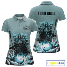 Load image into Gallery viewer, Custom Blue Flame Grim Reaper Bowling Women Polo Shirts, Piles Of Skull Halloween Outfit IPHW9897