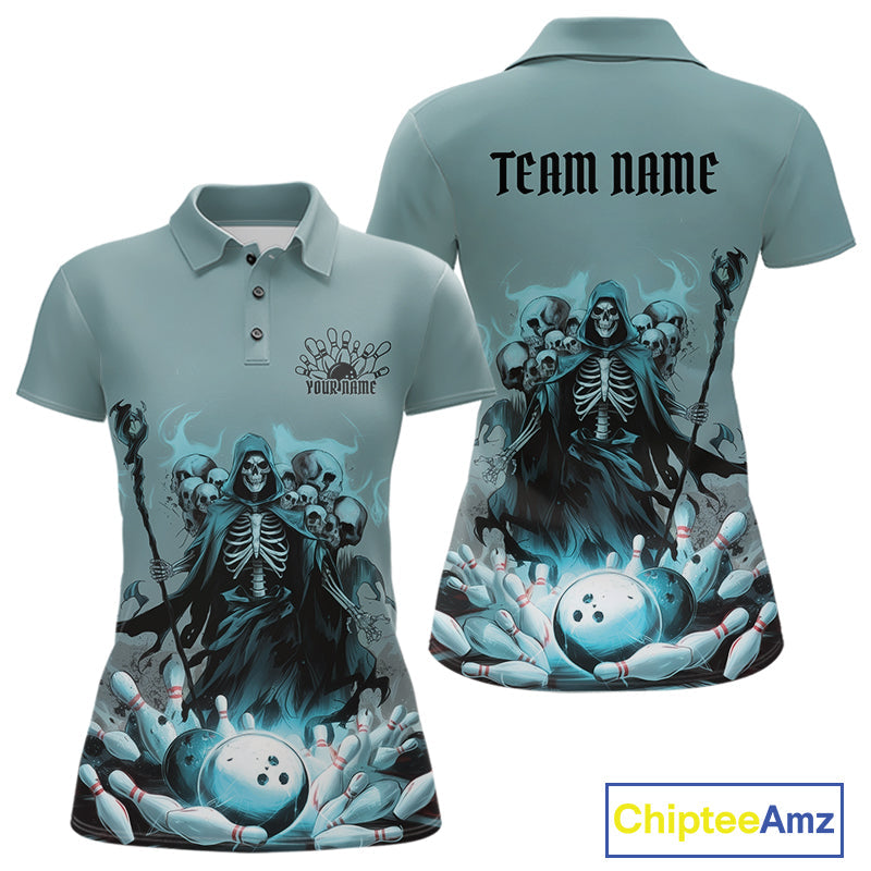 Custom Blue Flame Grim Reaper Bowling Women Polo Shirts, Piles Of Skull Halloween Outfit IPHW9897