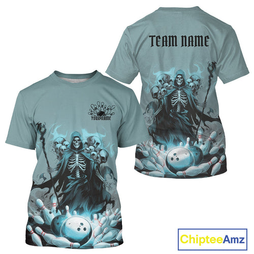 Custom Blue Flame Grim Reaper Bowling Men T-Shirts Shirts, Piles Of Skull Halloween Outfit IPHW9897
