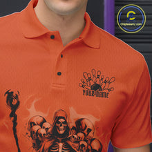 Load image into Gallery viewer, Custom Orange Flame Grim Reaper Bowling Men Polo Shirts, Piles Of Skull Halloween Outfit IPHW9898