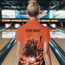 Load image into Gallery viewer, Custom Orange Flame Grim Reaper Bowling Women Polo Shirt, Piles Of Skull Halloween Outfit IPHW9898