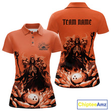 Load image into Gallery viewer, Custom Orange Flame Grim Reaper Bowling Women Polo Shirt, Piles Of Skull Halloween Outfit IPHW9898
