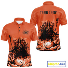 Load image into Gallery viewer, Custom Orange Flame Grim Reaper Bowling Men Polo Shirts, Piles Of Skull Halloween Outfit IPHW9898