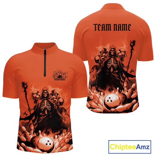 Custom Orange Flame Grim Reaper Bowling Women Quarter-Zip Shirts, Skull Halloween Outfit IPHW9898