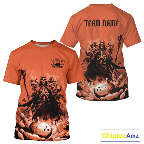 Custom Orange Flame Grim Reaper Bowling Men T-Shirts Shirts, Piles Of Skull Halloween Outfit IPHW9898
