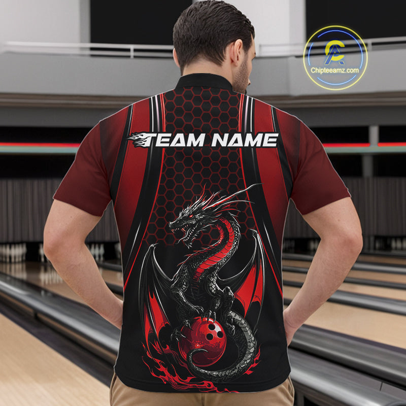 Custom Black And Red Flame Dragon Bowling Jerseys, Dragon Bowling Team Men Quarter-Zip Shirt IPHW9905