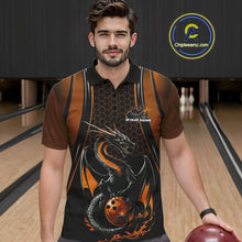 Load image into Gallery viewer, Custom Black And Orange Flame Dragon Bowling Jerseys, Dragon Bowling Team Men Polo Shirt IPHW9906