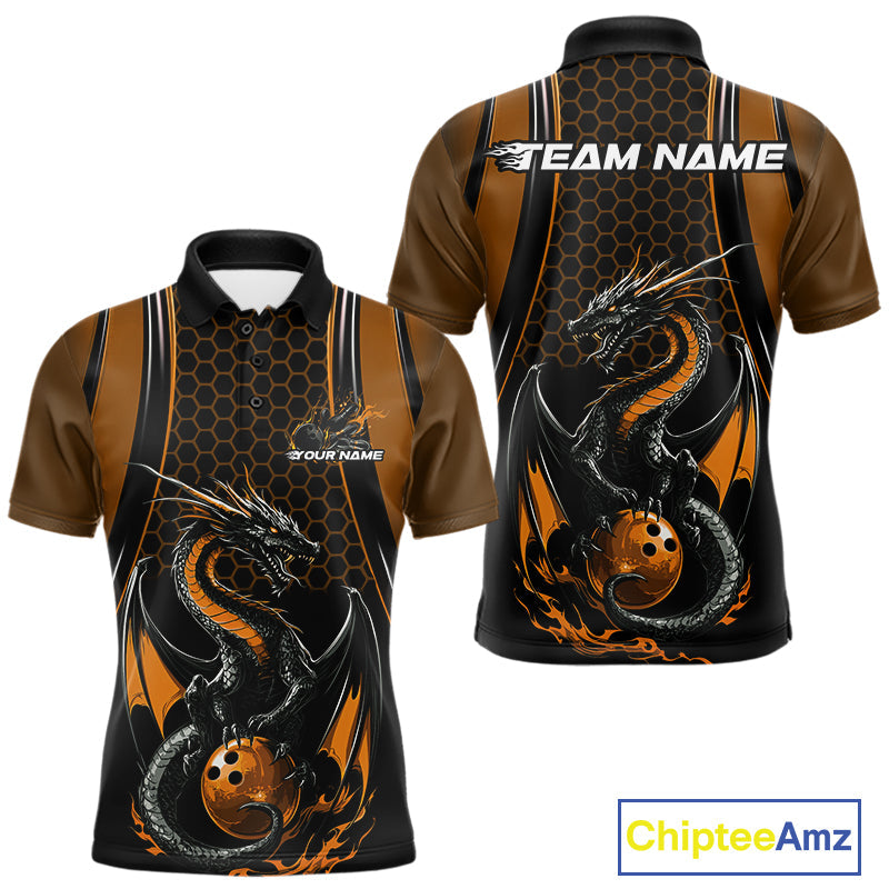 Custom Black And Orange Flame Dragon Bowling Jerseys, Dragon Bowling Team Men Polo Shirt IPHW9906