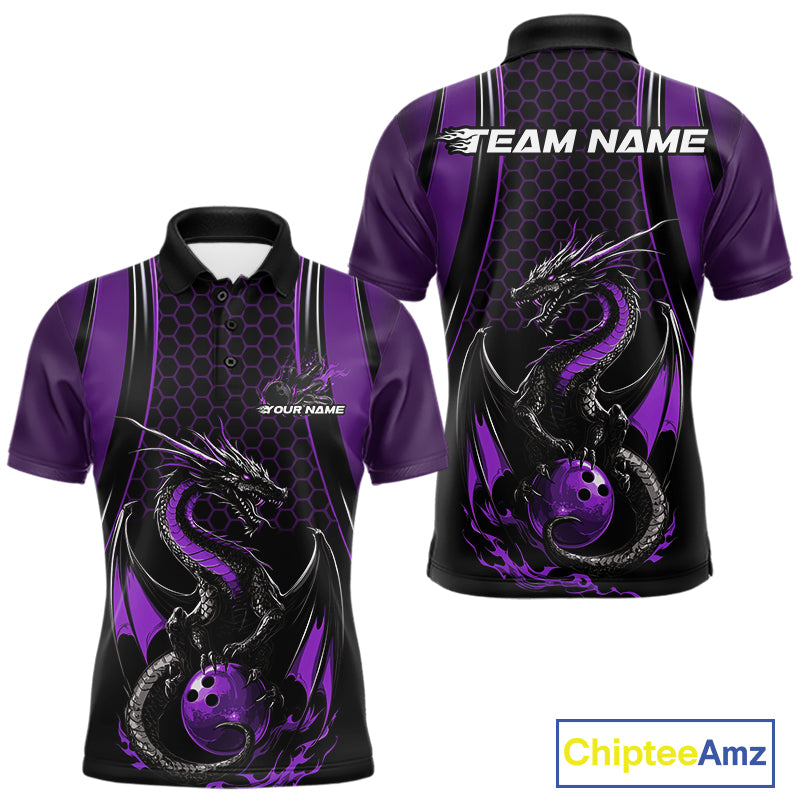 Custom Black And Purple Flame Dragon Bowling Jerseys, Dragon Bowling Team Men Polo Shirt IPHW9907