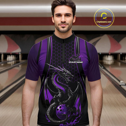 Custom Black And Purple Flame Dragon Bowling Jerseys, Dragon Bowling Team Men Quarter-Zip Shirt IPHW9907