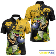 Load image into Gallery viewer, Custom Yellow Splatter Funny Alligator Bowling Men Polo Shirts, Bowling Team Shirts IPHW9920