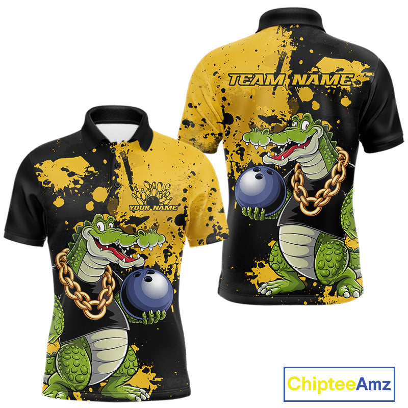 Custom Yellow Splatter Funny Alligator Bowling Men Polo Shirts, Bowling Team Shirts IPHW9920