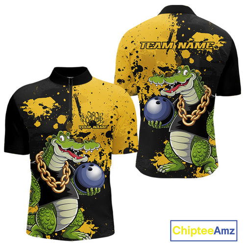 Custom Yellow Splatter Funny Alligator Bowling Men Quarter-Zip Shirts, Bowling Team Shirts IPHW9920