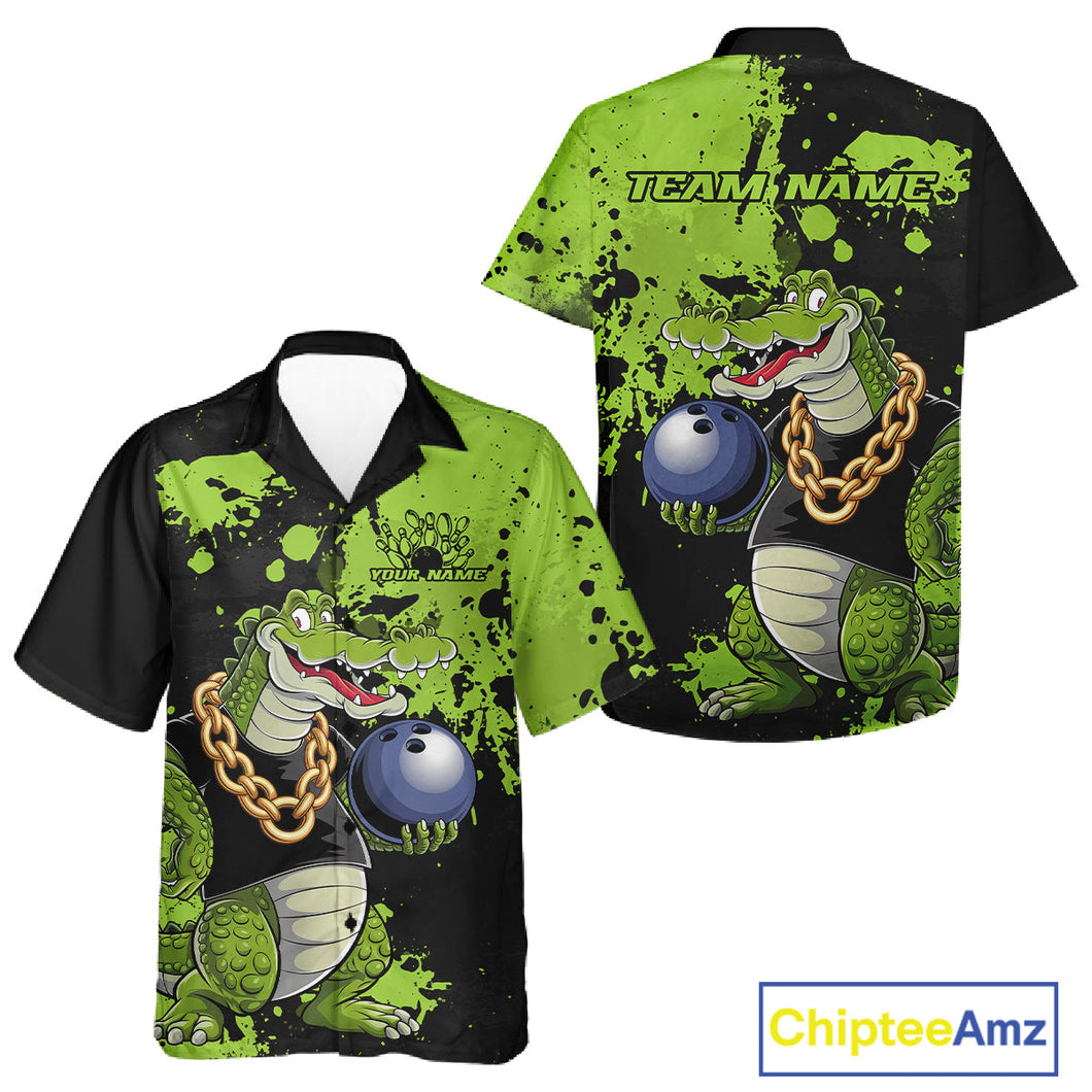 Custom Green Splatter Funny Alligator Bowling Men And Women Hawaiian Shirts, Bowling Team Shirts IPHW9921