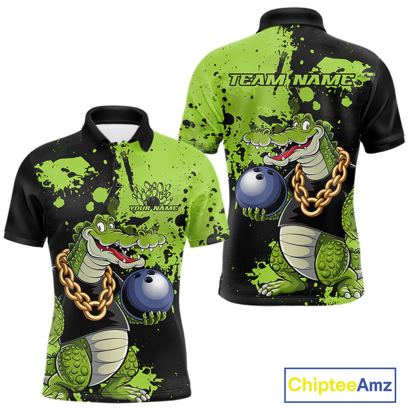 Custom Green Splatter Funny Alligator Bowling Men Polo Shirts, Bowling Team Shirts IPHW9921