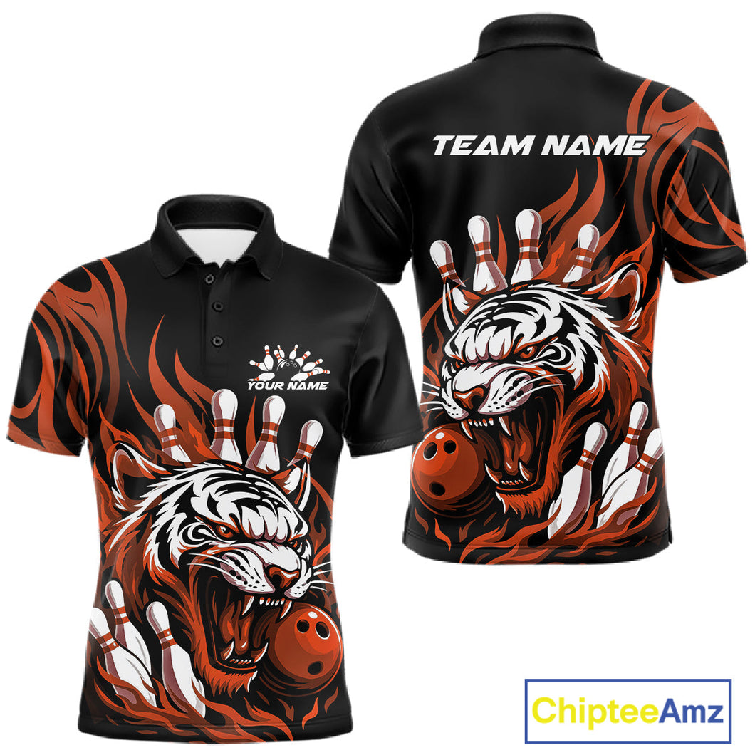 Custom Black And Orange Tiger Men Bowling Jerseys, Tiger Bowling Team League Shirt IPHW10162