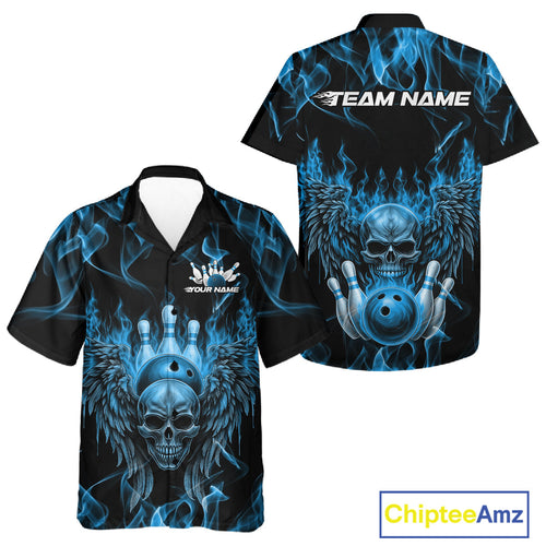 Custom Black And Blue Flame Skull With Wings Men And Women Bowling Shirt, Halloween Team Shirt IPHW10166
