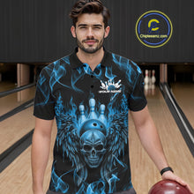 Load image into Gallery viewer, Custom Black And Blue Flame Skull With Wings Men Bowling Shirt, Halloween Team Shirt IPHW10166