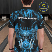 Load image into Gallery viewer, Custom Black And Blue Flame Skull With Wings Men Bowling Shirt, Halloween Team Shirt IPHW10166