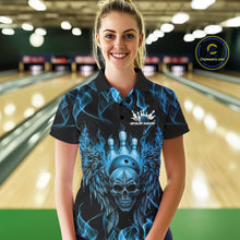 Load image into Gallery viewer, Custom Black And Blue Flame Skull With Wings Women Bowling Shirt, Halloween Team Shirt IPHW10166