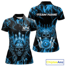 Load image into Gallery viewer, Custom Black And Blue Flame Skull With Wings Women Bowling Shirt, Halloween Team Shirt IPHW10166