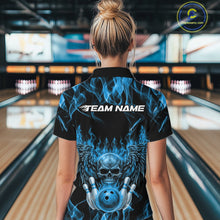Load image into Gallery viewer, Custom Black And Blue Flame Skull With Wings Women Bowling Shirt, Halloween Team Shirt IPHW10166