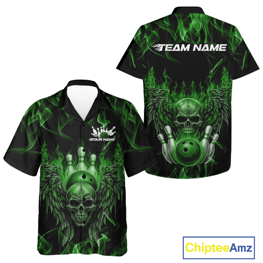 Custom Black And Green Flame Skull With Wings Men And Women Bowling Shirt, Halloween Team Shirt IPHW10167