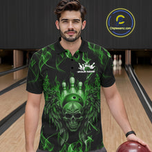 Load image into Gallery viewer, Custom Black And Green Flame Skull With Wings Men Bowling Shirt, Halloween Team Shirt IPHW10167