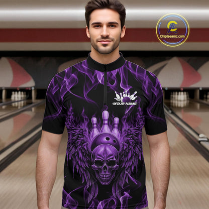 Custom Black And Purple  Flame Skull With Wings Men Bowling Shirt, Halloween Team Shirt IPHW10168