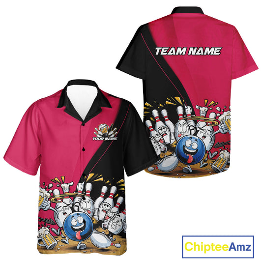 Custom Pink Funny Bowling Men And Women Hawaiian Shirts, Bowling And Beer Party Bowlers Outfit IPHW10817