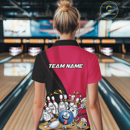 Custom Pink Funny Bowling Women Polo Shirts, Bowling And Beer Party Bowlers Outfit IPHW10817