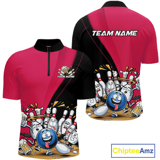 Custom Pink Funny Bowling Men Quarter-Zip Shirts, Bowling And Beer Party Bowlers Outfit IPHW10817