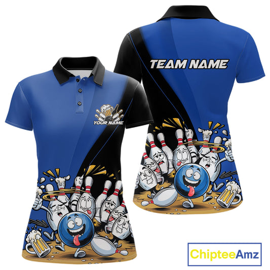 Custom Blue Funny Bowling Women Polo Shirts, Bowling And Beer Party Bowlers Outfit IPHW10818