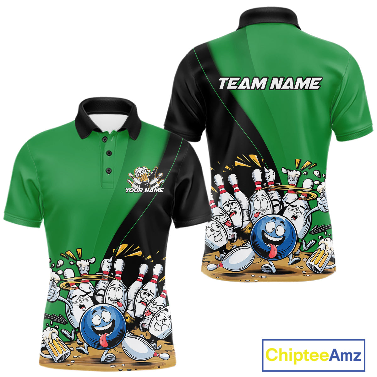 Custom Green Funny Bowling Men Polo Shirts, Bowling And Beer Party Bowlers Outfit IPHW10819