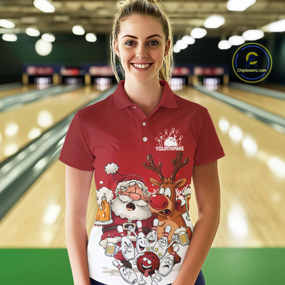 Custom Red Funny Christmas Women Bowling Shirts, Bowling And Beer Xmas Party Shirt IPHW10204