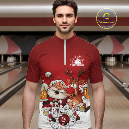 Custom Red Funny Christmas Men Bowling Shirts, Bowling And Beer Xmas Party Shirt IPHW10204